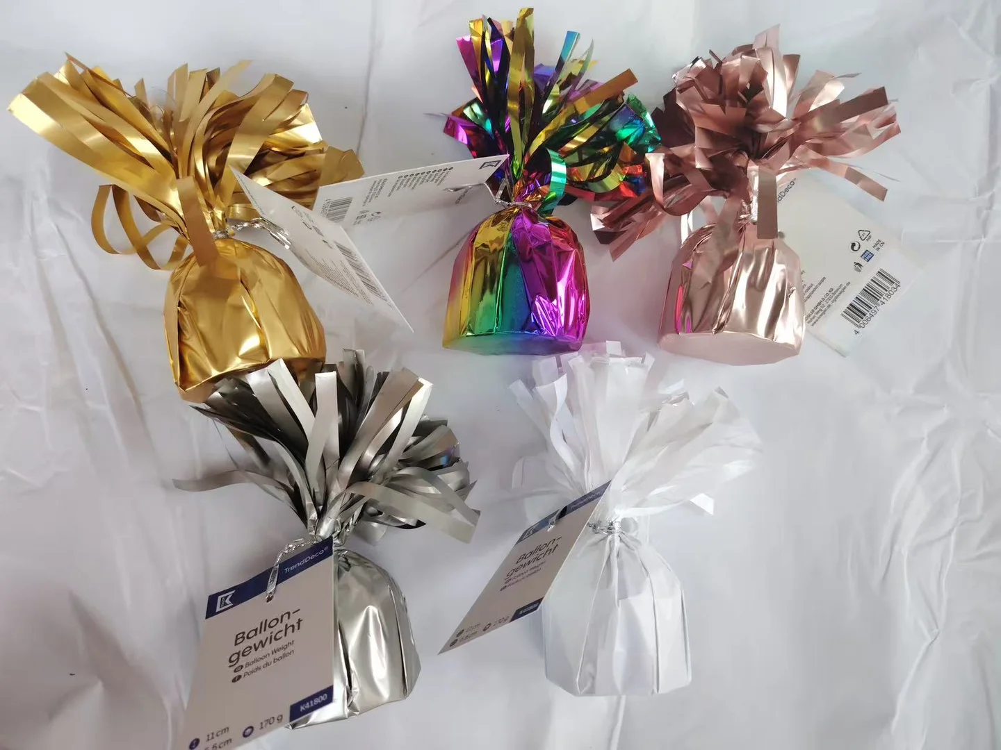 170g foil tassel balloon weights in gold, rainbow, rose gold, silver and white