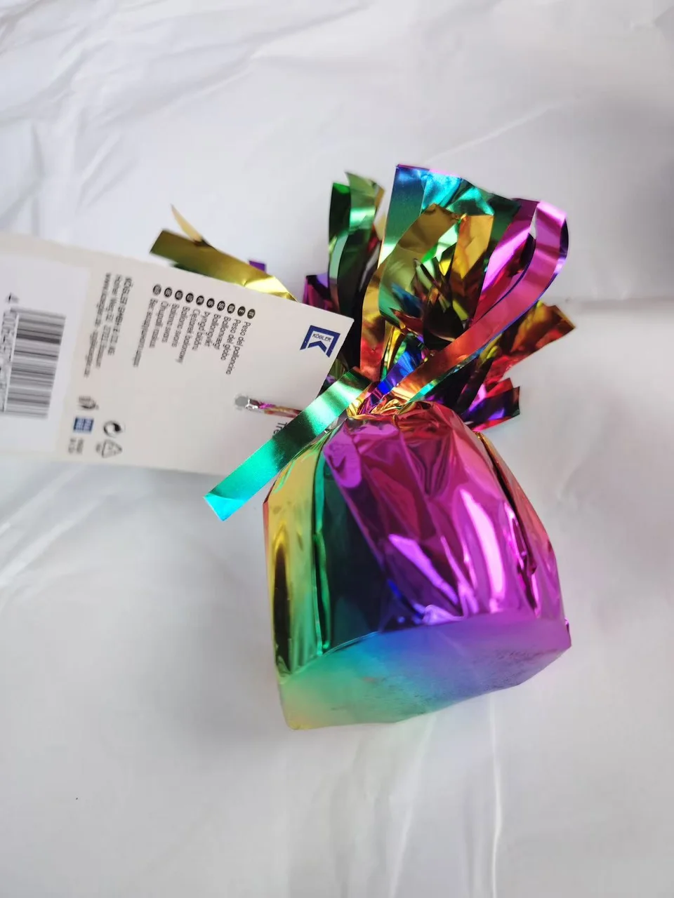 Rainbow 170g helium balloon weight with PET foil tassels and attachment loop