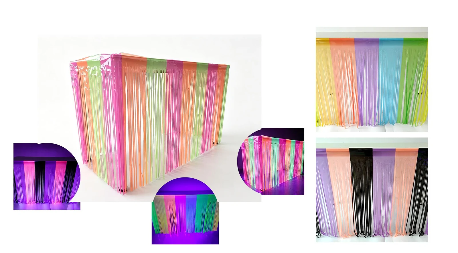 Pink, yellow, green and blue fringe table skirts shown in coordinated multicolor designs.