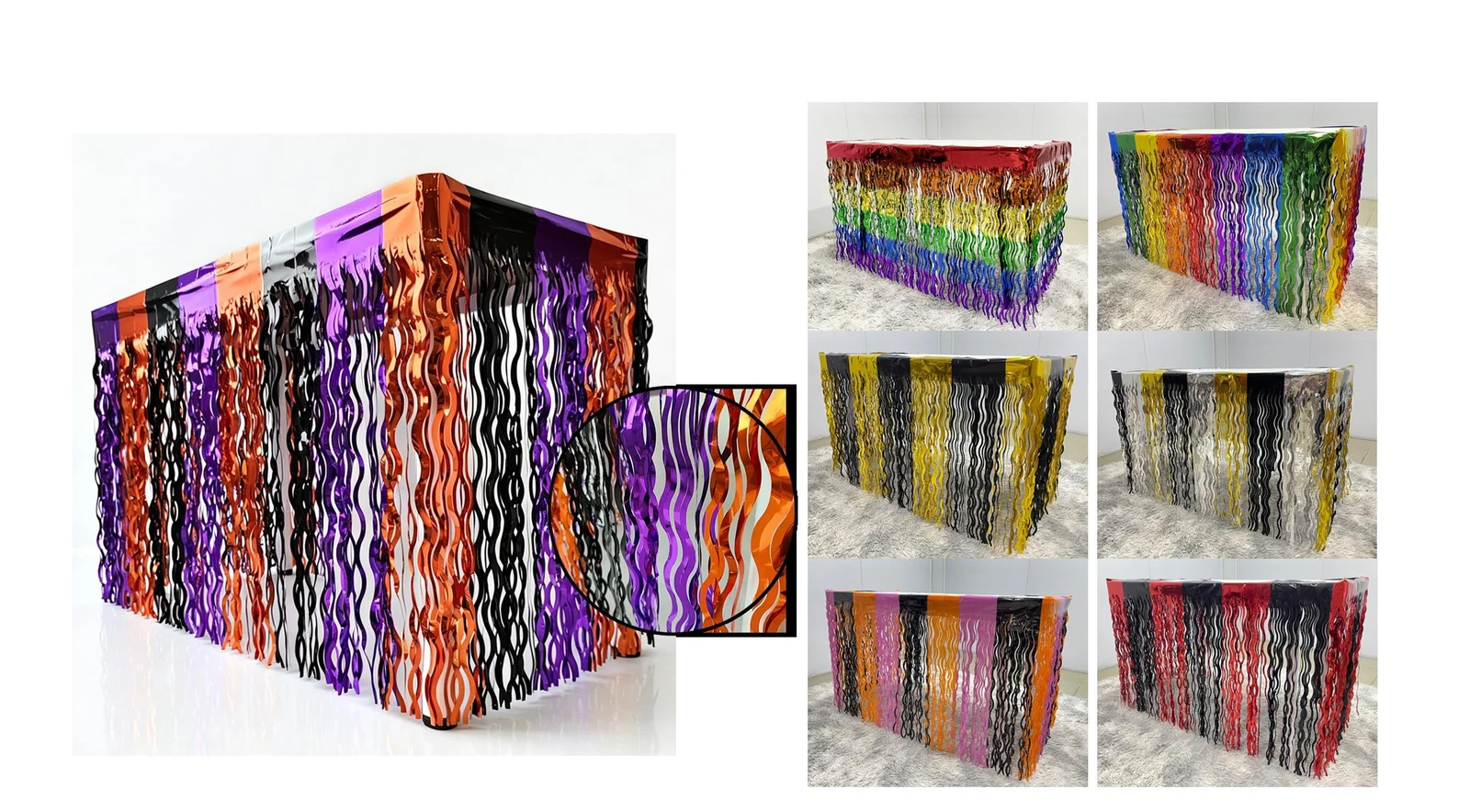 Multicolor wavy fringe table skirts shown on party tables in several rainbow combinations.