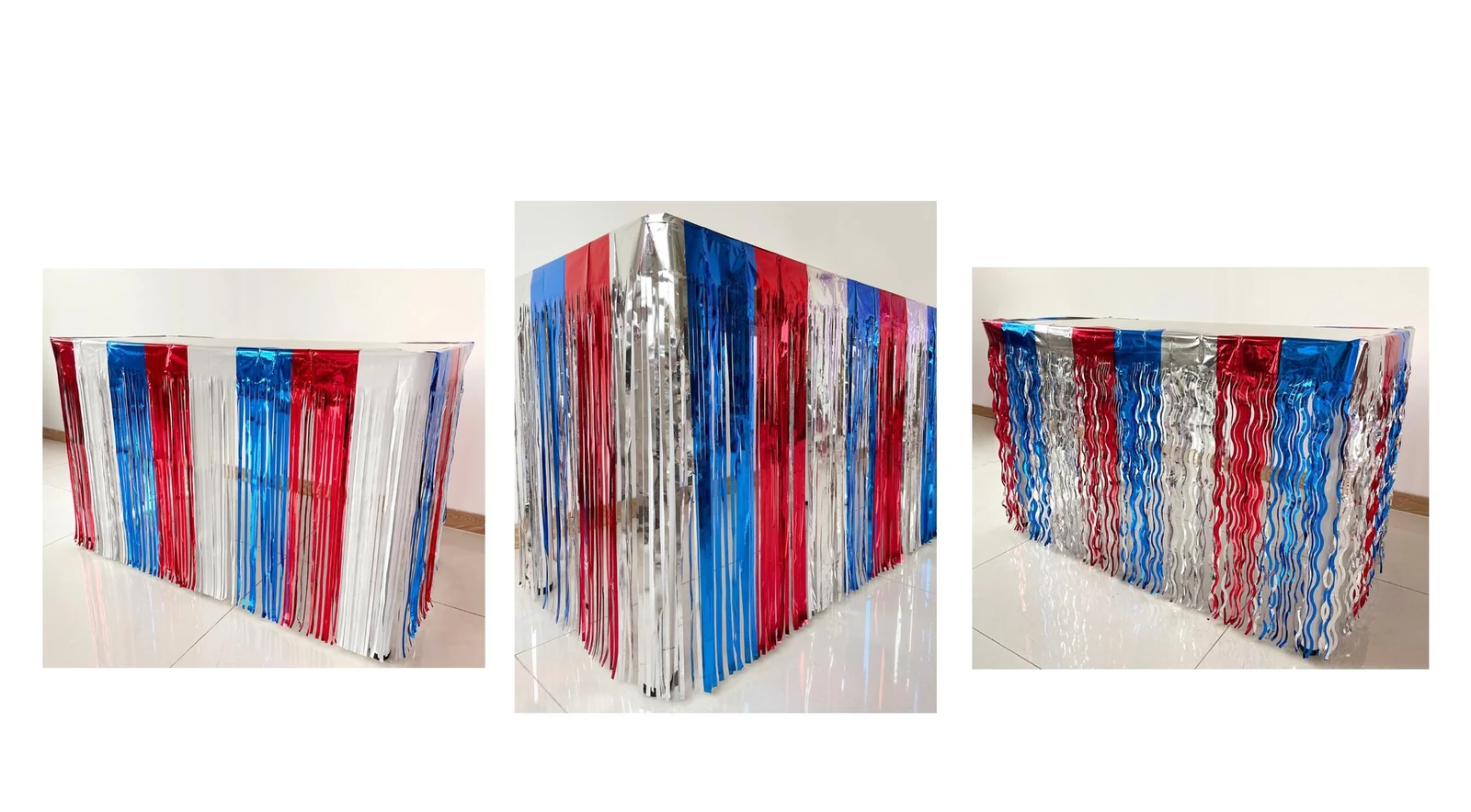 Red, white and blue fringe table skirts shown on three table arrangements.