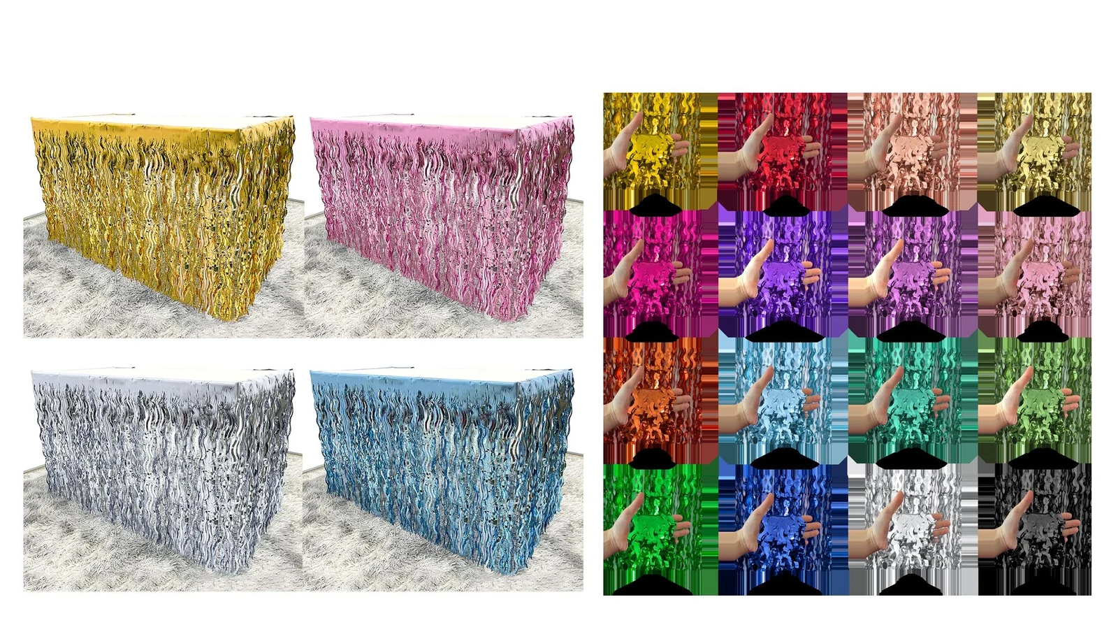 Wavy metallic fringe table skirts in gold, pink, silver and blue, with close-up color samples.